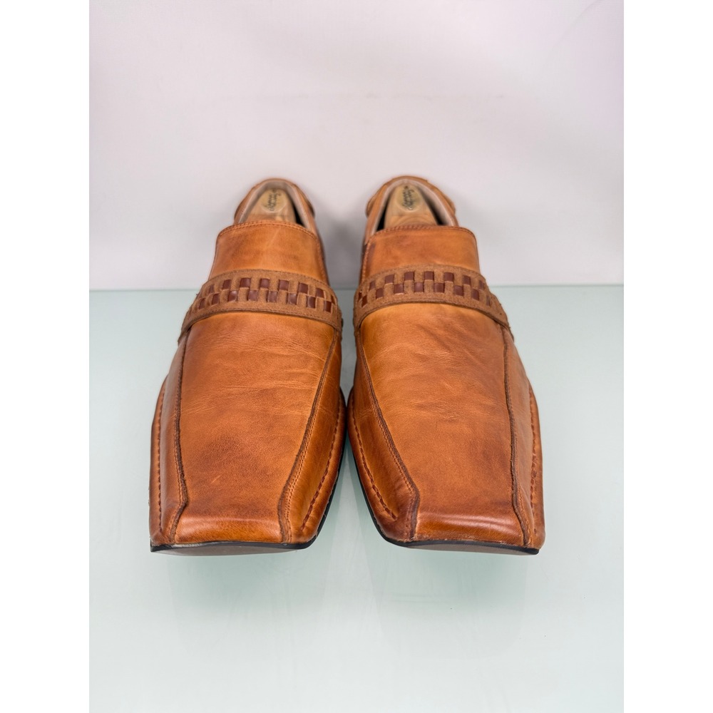 Rare Stacy Adams Loafers 10.5 Tan Leather Woven Strap Square Toe Dress Preppy - Picture 4 of 11